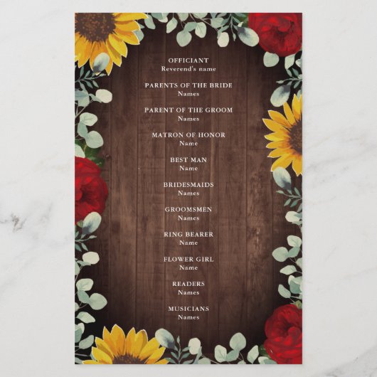 Sunflower Red Roses Rustic Wood Wedding Programme (Achterkant)