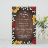 Sunflower Red Roses Rustic Wood Wedding Programme (Staand voorkant)