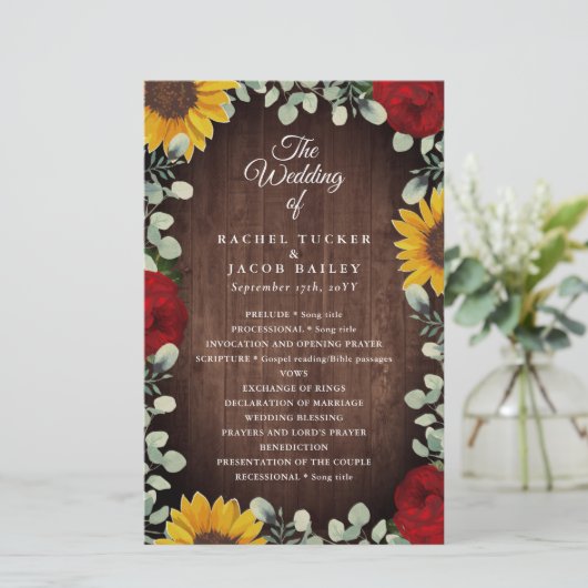 Sunflower Red Roses Rustic Wood Wedding Programme (Staand voorkant)
