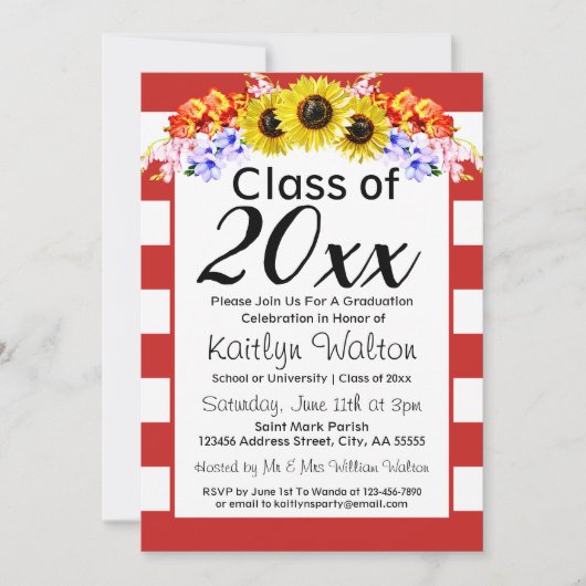 Sunflower Red Stripe Gradupe Party Kaart (Voorkant)