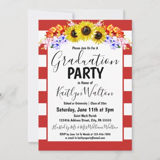 Sunflower Red Stripe Gradupe Party Kaart (Voorkant)