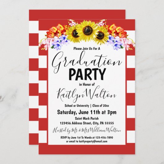 Sunflower Red Stripe Gradupe Party Kaart (Voorkant / Achterkant)