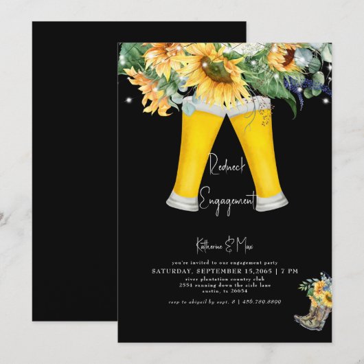 Sunflower Redneck Boots Black Engagement Party Kaart (Voorkant / Achterkant)