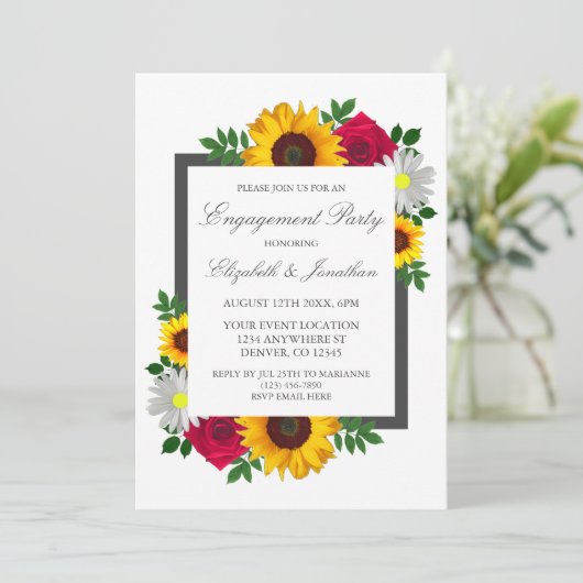 Sunflower Roos Daisy Floral Engagement Party Kaart (Staand voorkant)