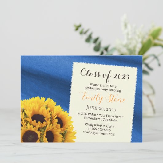 Sunflower Royal Blue Elegant Graduparty Kaart (Staand voorkant)