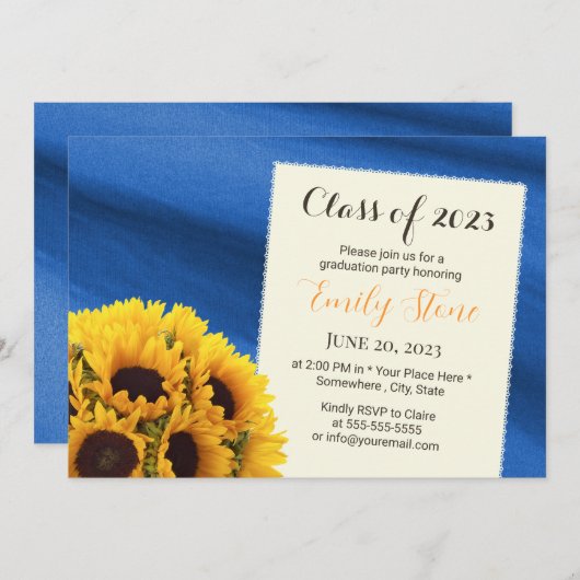 Sunflower Royal Blue Elegant Graduparty Kaart (Voorkant / Achterkant)