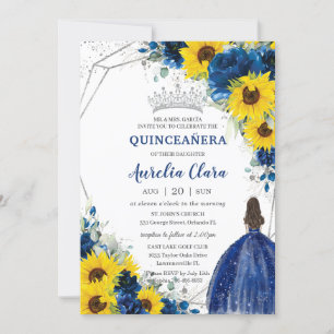 Sunflower Royal Blue Floral Princess Quinceañera Kaart
