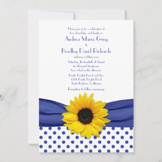 Sunflower Royal Blue White Polka Dot Wedding Kaart (Voorkant)