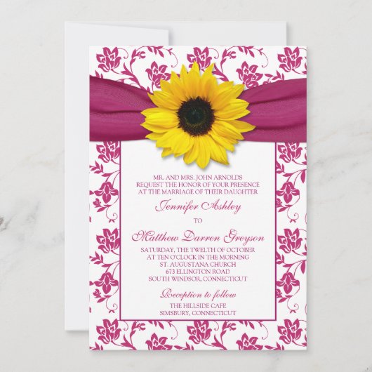 Sunflower Roze Damask Floral Wedding Invitation Kaart (Voorkant)
