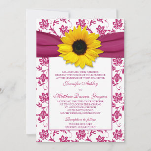 Sunflower Roze Damask Floral Wedding Invitation Kaart