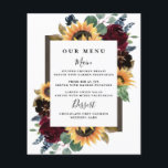 Sunflower Rozen Burgundy Navy Blue Wedding Menu<br><div class="desc">In het ontwerp staan elegante waterverf rozen, pinda's, wilde bloemen en zonnebloemen in verschillende tinten van woegeerrood, blauw van de marine en meer over een schraal van eucalyptusgroen. Het ontwerp kenmerkt ook een lijst van het barnhout onder de baars. Een unieke doopvontlay-out vult het algemene ontwerp aan. U kunt de...</div>