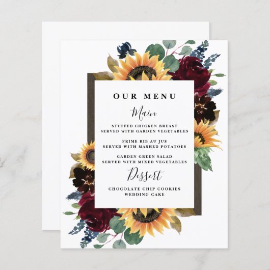 Sunflower Rozen Burgundy Navy Blue Wedding Menu (Voorkant / Achterkant)