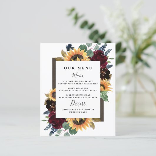 Sunflower Rozen Burgundy Navy Blue Wedding Menu (Staand voorkant)