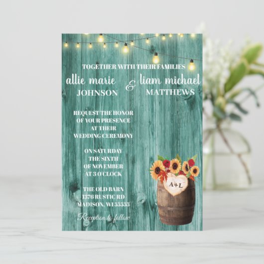 Sunflower & Rozen Whiskey Barrel Wedding Invite Save The Date (Staand voorkant)