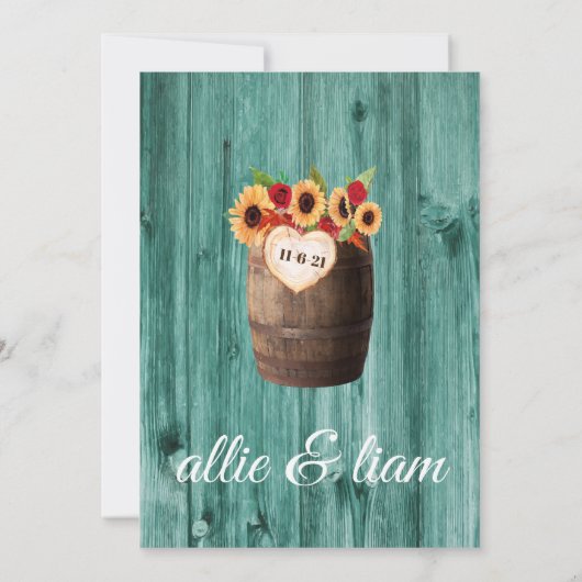 Sunflower & Rozen Whiskey Barrel Wedding Invite Save The Date (Achterkant)