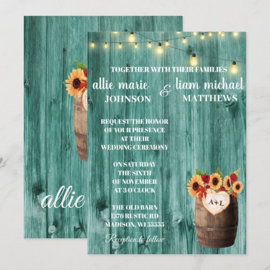 Sunflower & Rozen Whiskey Barrel Wedding Invite Save The Date (Voorkant / Achterkant)
