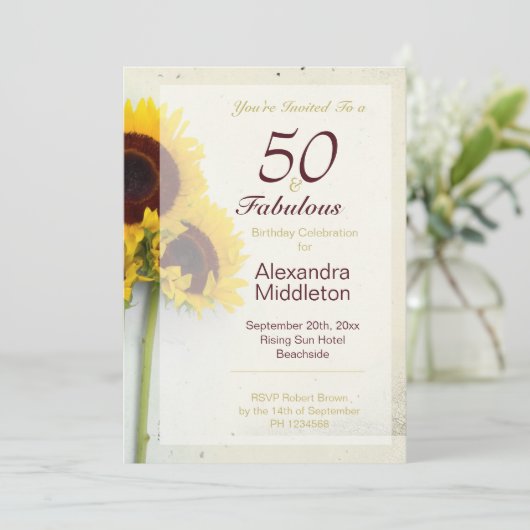 Sunflower Rustic 50th Birthday Uitnodiging (Staand voorkant)