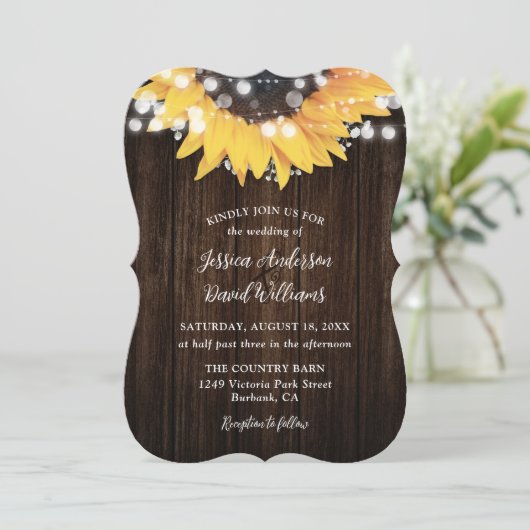 Sunflower Rustic Barn Wood Wedding Kaart (Staand voorkant)