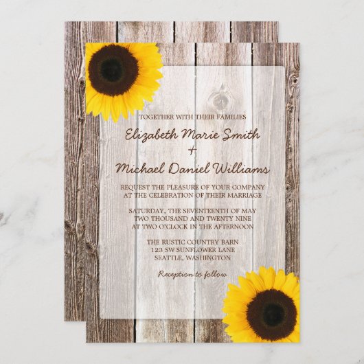 Sunflower Rustic Barn Wood Wedding Kaart (Voorkant / Achterkant)