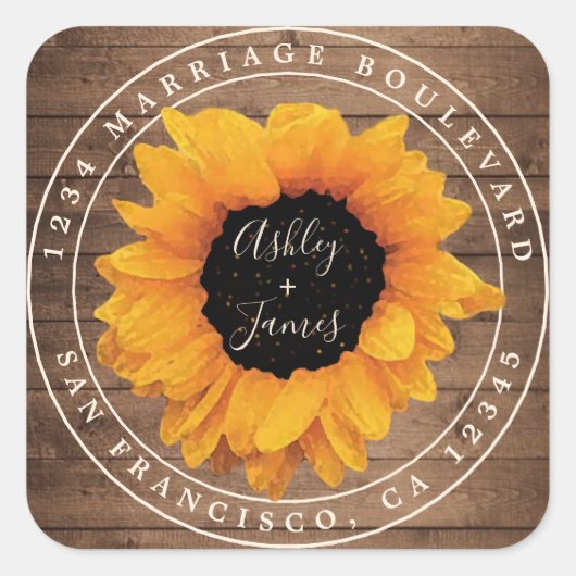 Sunflower Rustic Barn Wood Wedding Return Address Vierkante Sticker (Voorkant)