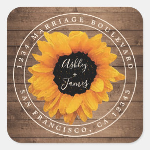 Sunflower Rustic Barn Wood Wedding Return Address Vierkante Sticker