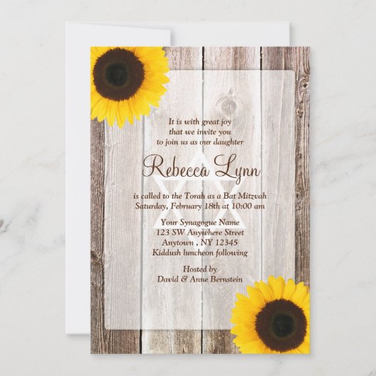 Sunflower Rustic Barn Wood Western Bat Mitzvah Kaart (Voorkant)