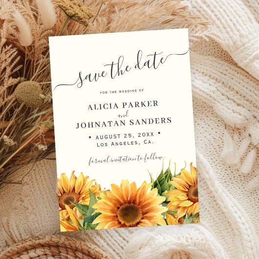 Sunflower rustic boho summer gardern ivory wedding save the date