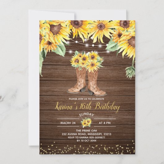 Sunflower Rustic Boot Sweet Sixteen Uitnodiging (Voorkant)