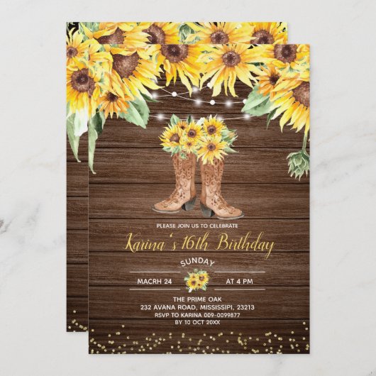 Sunflower Rustic Boot Sweet Sixteen Uitnodiging (Voorkant / Achterkant)