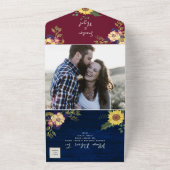 Sunflower Rustic Burgundy Navy Blue Wedding All In One Uitnodiging (Buitenkant)
