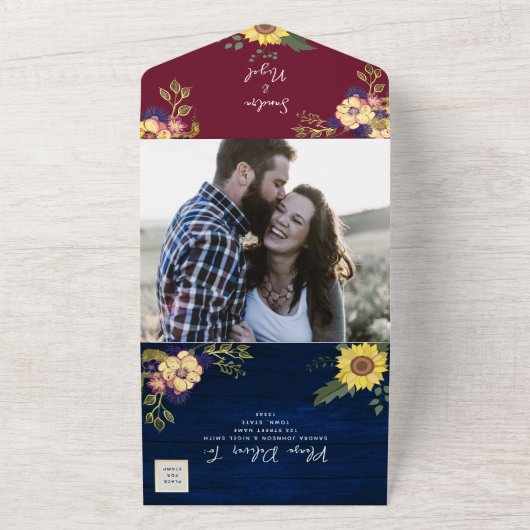 Sunflower Rustic Burgundy Navy Blue Wedding All In One Uitnodiging (Buitenkant)