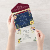 Sunflower Rustic Burgundy Navy Blue Wedding All In One Uitnodiging (Afscheurbaar)