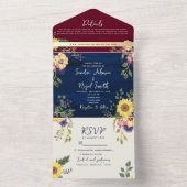 Sunflower Rustic Burgundy Navy Blue Wedding All In One Uitnodiging (Binnen)