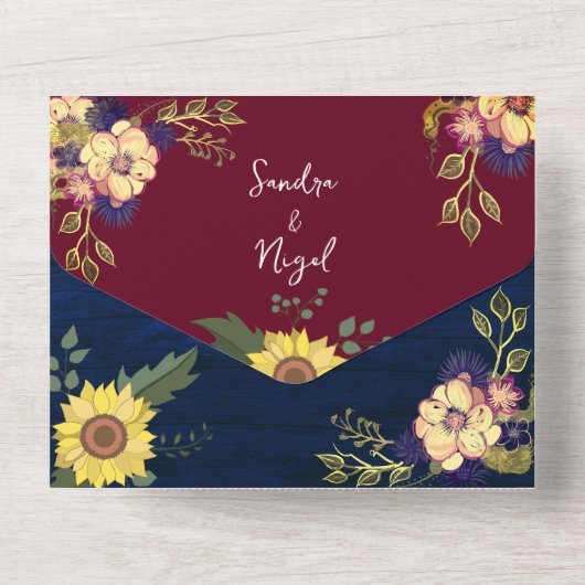 Sunflower Rustic Burgundy Navy Blue Wedding All In One Uitnodiging (Achterkant)