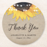 Sunflower Rustic Burlap Wedding Thank You Ronde Kartonnen Onderzetter<br><div class="desc">Rustic sunflower wedding favor coasters featuring sunflowers and string lights on a vintage burlap textured background. Perfect items for a rustic country wedding party inspired by sunflower flowers. Inexpensive rustic sunflower wedding gifts,  or party décor.</div>