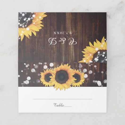 Sunflower Rustic Country Wood Lace Lights Weddensc Plaatskaartje (Buitenkant ongevouwen)