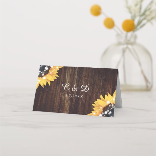 Sunflower Rustic Country Wood Lace Lights Weddensc Plaatskaartje (Achterkant)