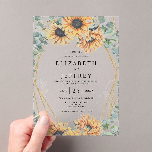 Sunflower Rustic Elegant Geometric Gold Wedding Acryl Uitnodigingen (Insitu (Draagbaar))