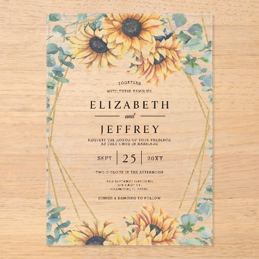 Sunflower Rustic Elegant Geometric Gold Wedding Acryl Uitnodigingen (Voorkant)