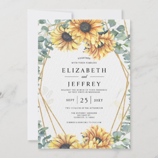 Sunflower Rustic Elegant Geometric Gold Wedding Kaart (Voorkant)