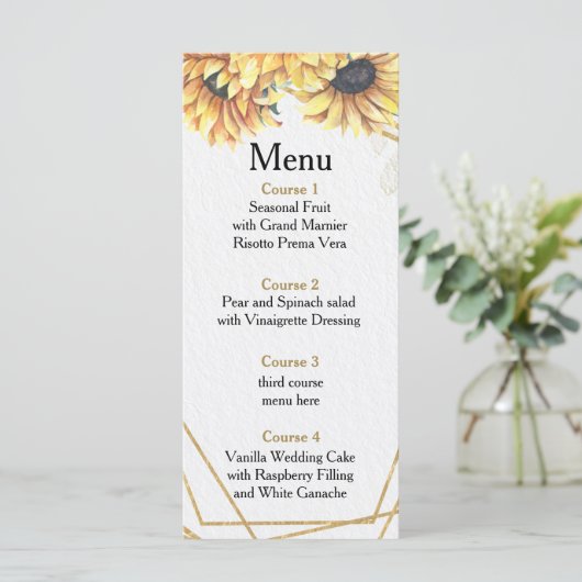 Sunflower Rustic Elegant Geometric Gold Wedding Menu (Staand voorkant)