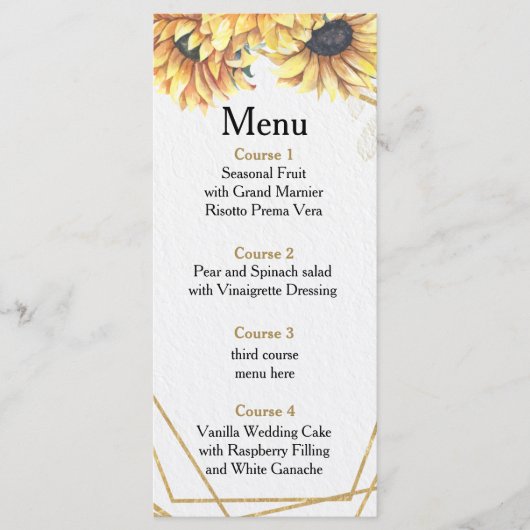 Sunflower Rustic Elegant Geometric Gold Wedding Menu (Voorkant)