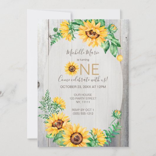 Sunflower Rustic First Birthday Kaart (Voorkant)
