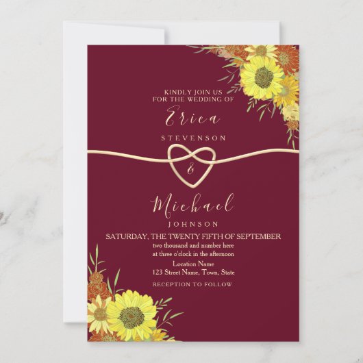 Sunflower Rustic Floral Burgundy Wedding Kaart (Voorkant)