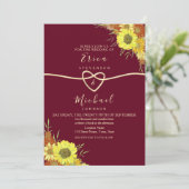 Sunflower Rustic Floral Burgundy Wedding Kaart (Staand voorkant)