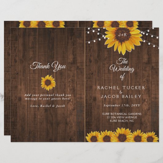 Sunflower Rustic Folded Wedding Program (Voorkant / Achterkant)