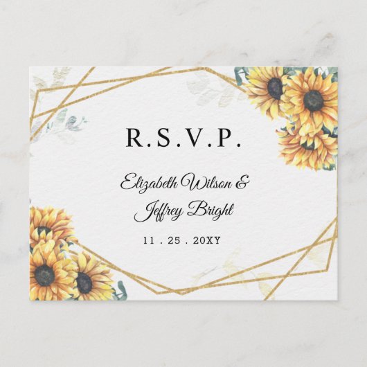 Sunflower Rustic Geometric Gold Wedding RSVP Uitnodiging Briefkaart (Voorkant)
