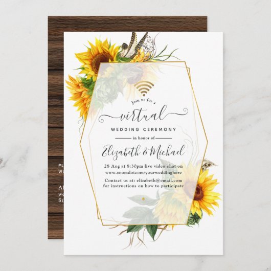 Sunflower Rustic Geometric Online Virtual Wedding Kaart (Voorkant / Achterkant)