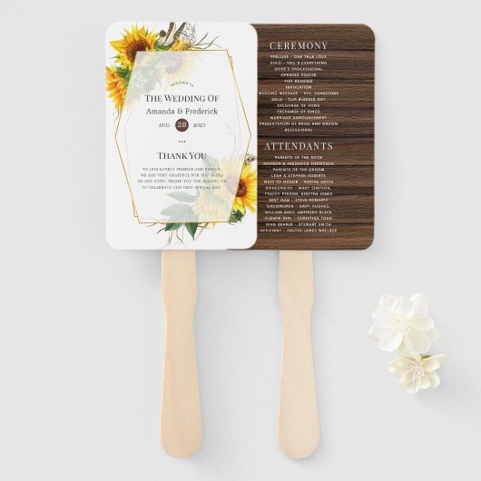 Sunflower Rustic Geometric Wedding Programme Handwaaier (Voorkant en achterkant)