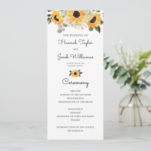 Sunflower Rustic Greenery Wedding Programme Programmakaart (Staand voorkant)